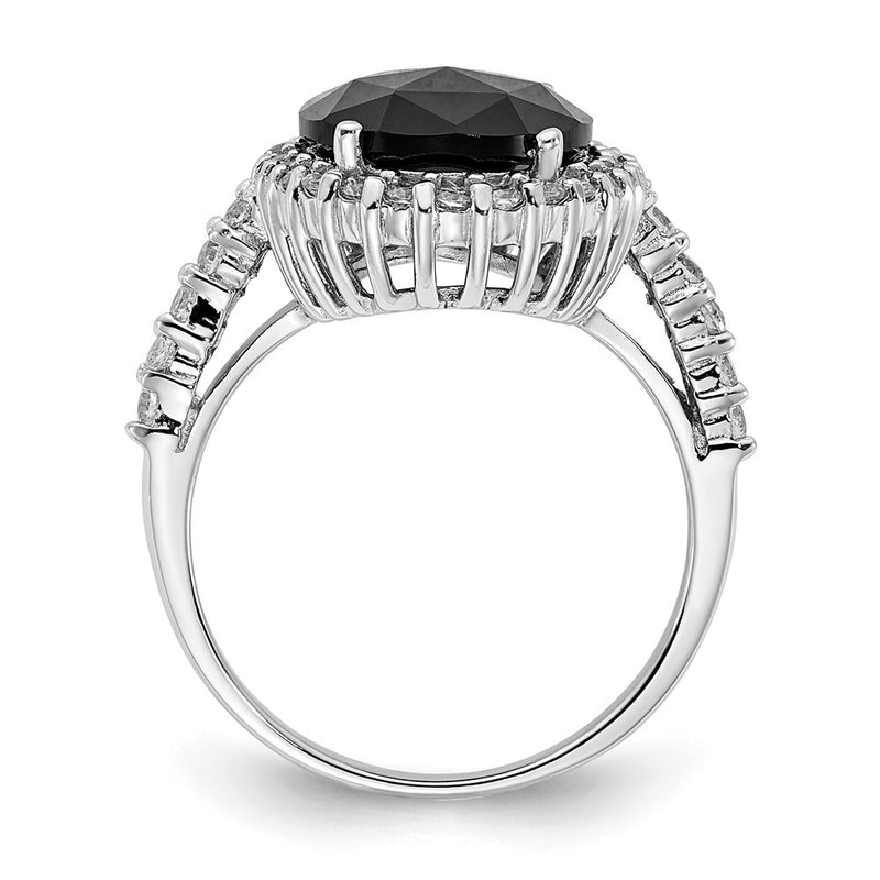 Sterling Silver Cheryl M Rhodium-Plated Checker-Cut Black Cz And Brilliant-Cut White Oval Halo Ring