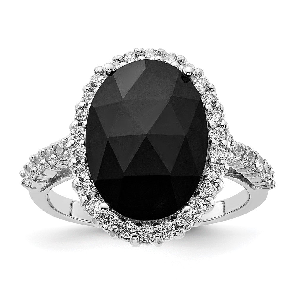 Sterling Silver Cheryl M Rhodium-Plated Checker-Cut Black Cz And Brilliant-Cut White Oval Halo Ring
