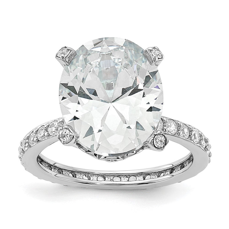 Sterling Silver Cheryl M Rhodium-Plated Brilliant-Cut Cz Oval Center With Side Stones Ring