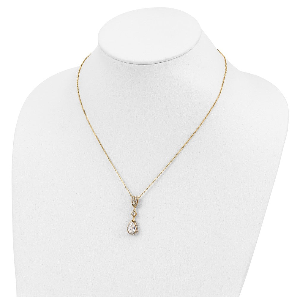 Sterling Silver Cheryl M Gold-Plated Brilliant-Cut Cz Teardrop And Bezel Halo 18 Inch Necklace