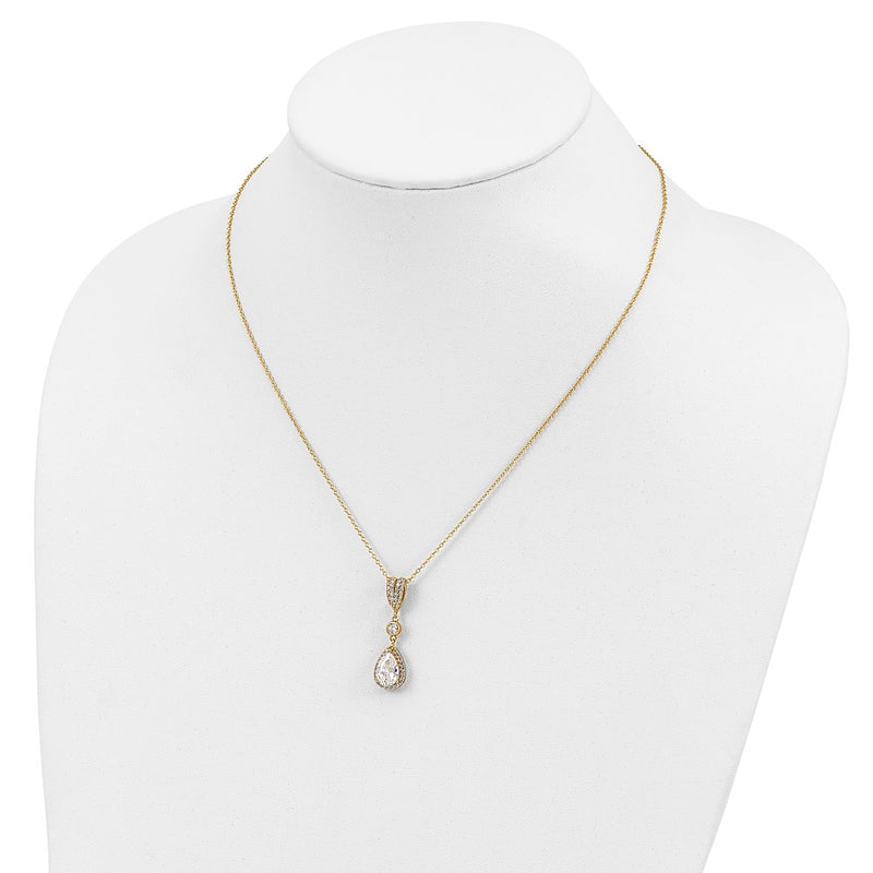 Sterling Silver Cheryl M Gold-Plated Brilliant-Cut Cz Teardrop And Bezel Halo 18 Inch Necklace