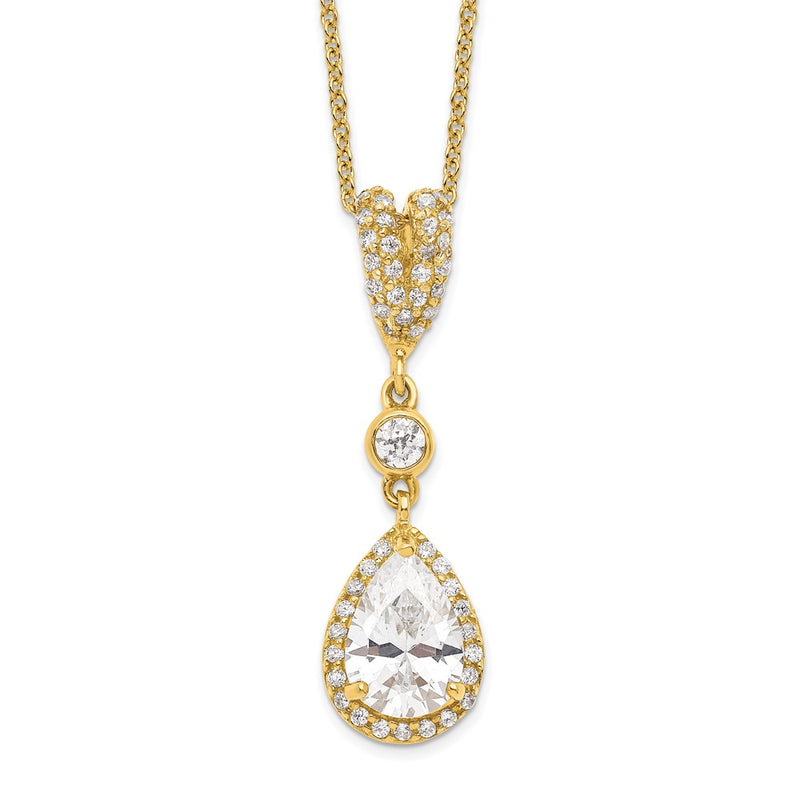 Sterling Silver Cheryl M Gold-Plated Brilliant-Cut Cz Teardrop And Bezel Halo 18 Inch Necklace