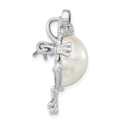 Sterling Silver Cheryl M Rhodium-Plated Acrylic Pearl And Brilliant-Cut Green White Cz Frog Pin