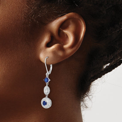 Sterling Silver Cheryl M Rhodium-Plated Cushion-Cut/Brilliant-Cut Blue Glass And Brilliant-Cut White Cz Leverback Dangle Earrings