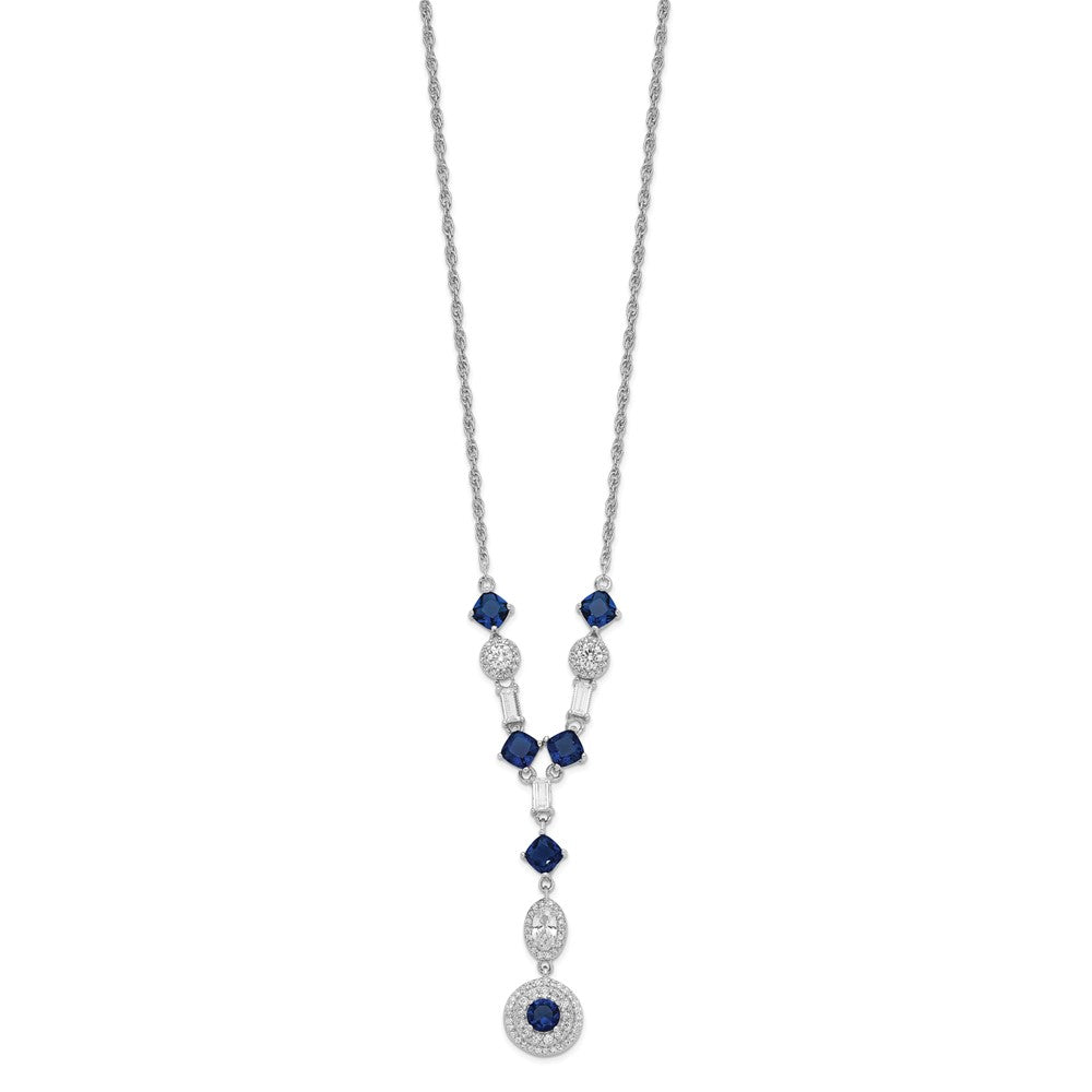 Sterling Silver Cheryl M Rhodium-Plated Cushion-Cut/Brilliant-Cut Blue Glass And Brilliant-Cut/Baguette-Cut White Cz Fancy Dangle Y-Drop 18 Inch Necklace