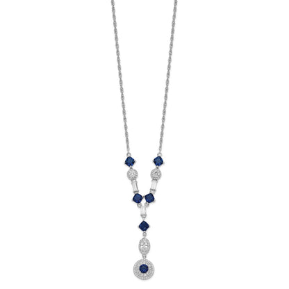 Sterling Silver Cheryl M Rhodium-Plated Cushion-Cut/Brilliant-Cut Blue Glass And Brilliant-Cut/Baguette-Cut White Cz Fancy Dangle Y-Drop 18 Inch Necklace