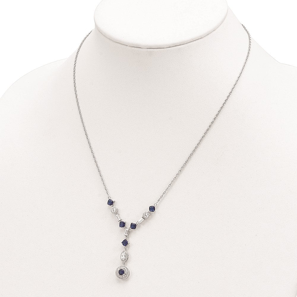 Sterling Silver Cheryl M Rhodium-Plated Cushion-Cut/Brilliant-Cut Blue Glass And Brilliant-Cut/Baguette-Cut White Cz Fancy Dangle Y-Drop 18 Inch Necklace