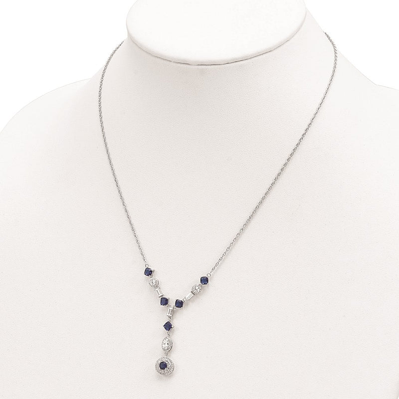 Sterling Silver Cheryl M Rhodium-Plated Cushion-Cut/Brilliant-Cut Blue Glass And Brilliant-Cut/Baguette-Cut White Cz Fancy Dangle Y-Drop 18 Inch Necklace