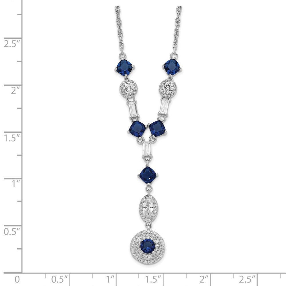 Sterling Silver Cheryl M Rhodium-Plated Cushion-Cut/Brilliant-Cut Blue Glass And Brilliant-Cut/Baguette-Cut White Cz Fancy Dangle Y-Drop 18 Inch Necklace
