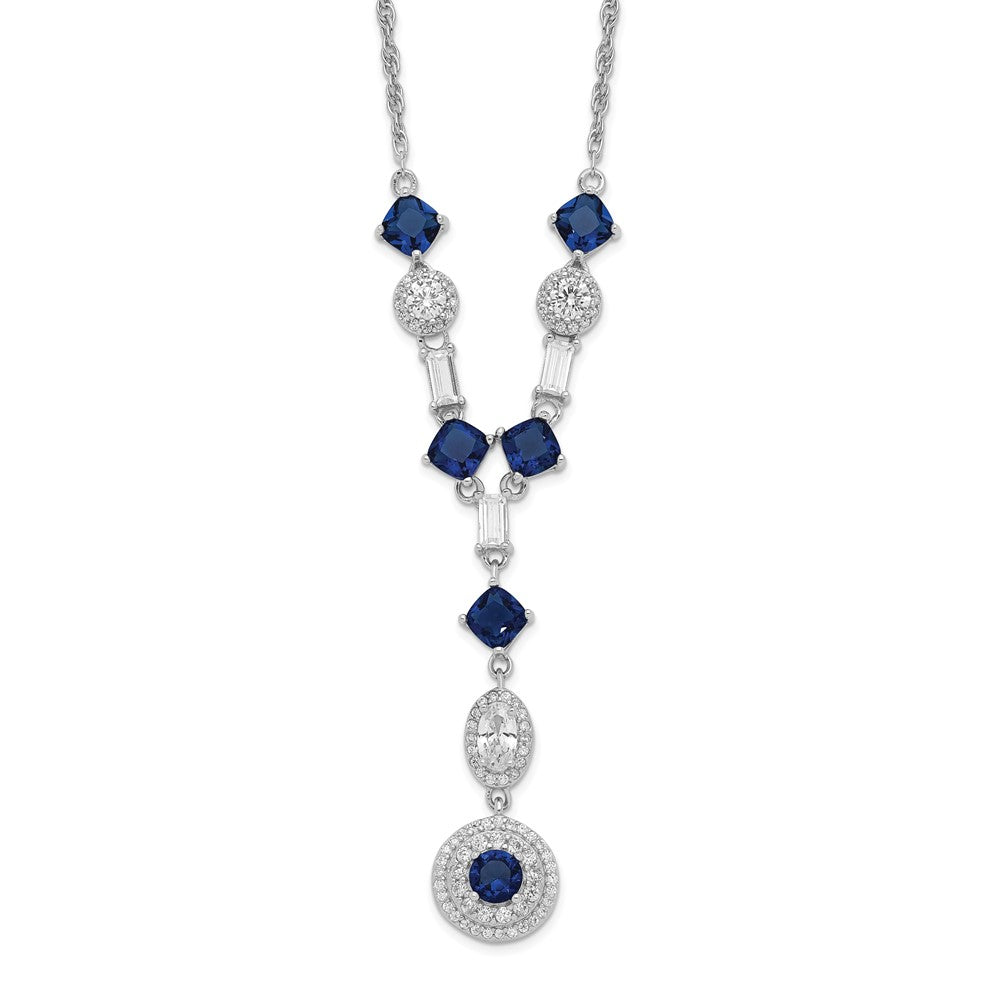 Sterling Silver Cheryl M Rhodium-Plated Cushion-Cut/Brilliant-Cut Blue Glass And Brilliant-Cut/Baguette-Cut White Cz Fancy Dangle Y-Drop 18 Inch Necklace