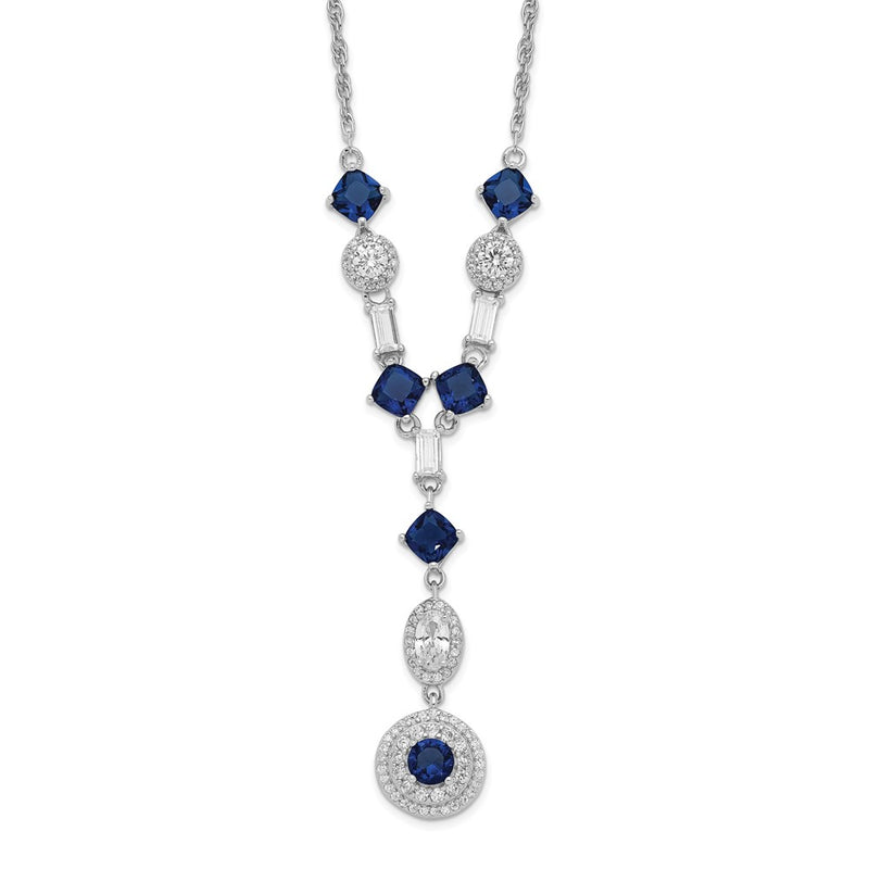 Sterling Silver Cheryl M Rhodium-Plated Cushion-Cut/Brilliant-Cut Blue Glass And Brilliant-Cut/Baguette-Cut White Cz Fancy Dangle Y-Drop 18 Inch Necklace