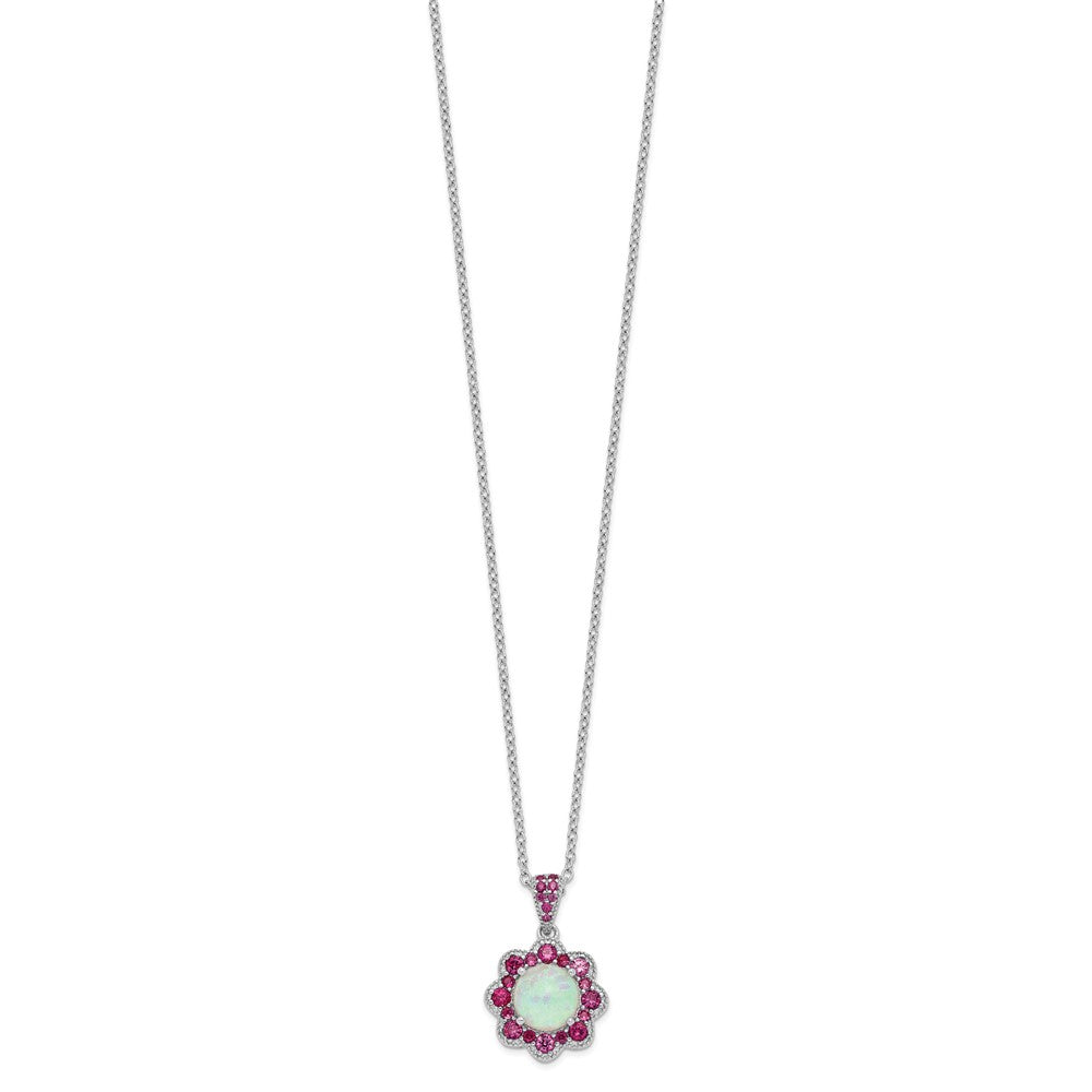 Sterling Silver Cheryl M Rhodium-Plated Cabochon Lab Created Opal And Brilliant-Cut Red Nano Crystal Flower 18 Inch Necklace