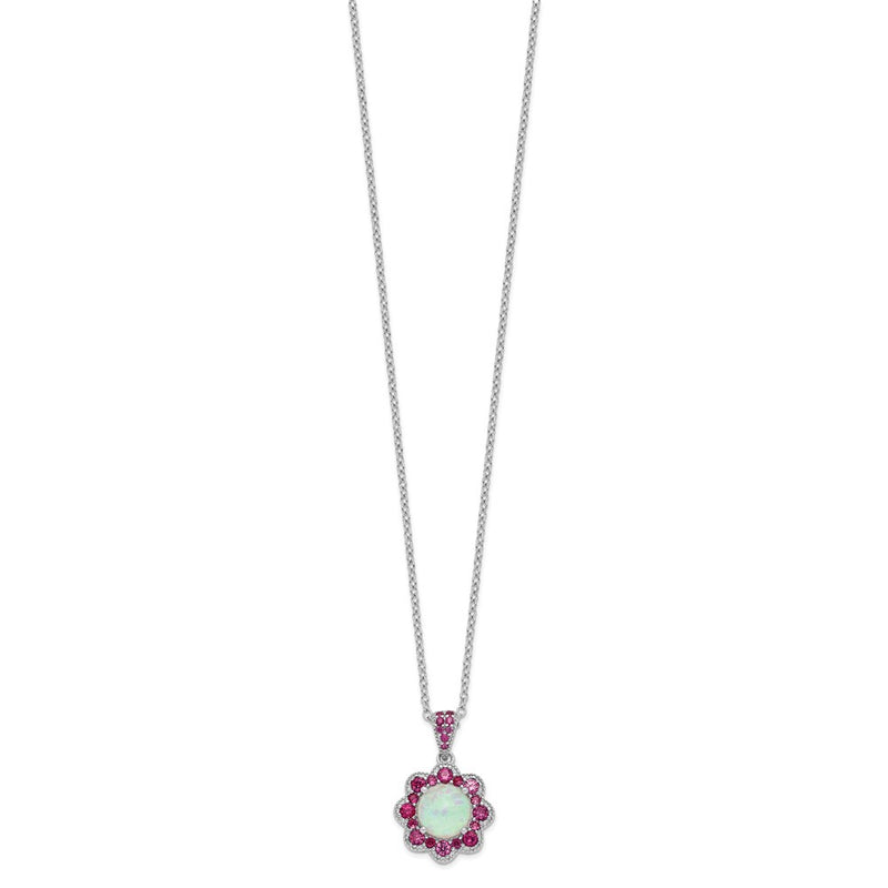 Sterling Silver Cheryl M Rhodium-Plated Cabochon Lab Created Opal And Brilliant-Cut Red Nano Crystal Flower 18 Inch Necklace