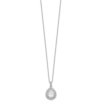 Sterling Silver Cheryl M Rhodium-Plated Brilliant-Cut Pear Shaped Cz Double Halo 18 Inch Necklace With 2 Extender