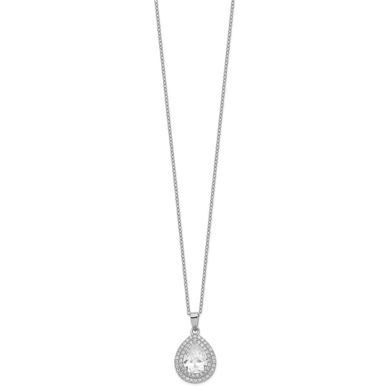 Sterling Silver Cheryl M Rhodium-Plated Brilliant-Cut Pear Shaped Cz Double Halo 18 Inch Necklace With 2 Extender