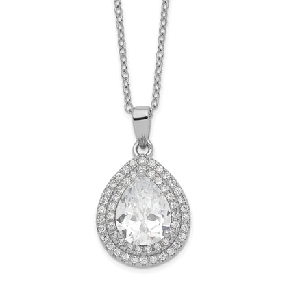Sterling Silver Cheryl M Rhodium-Plated Brilliant-Cut Pear Shaped Cz Double Halo 18 Inch Necklace With 2 Extender