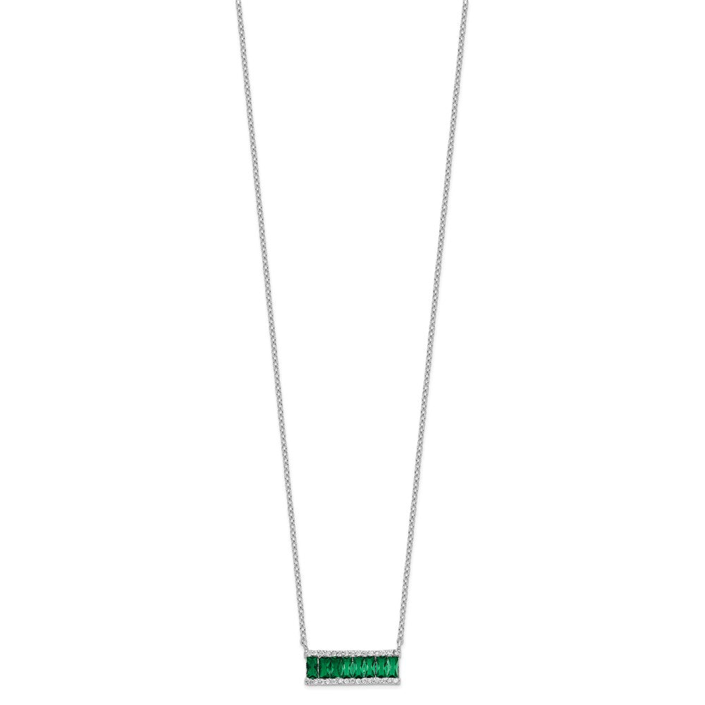 Sterling Silver Cheryl M Rhodium-Plated Emerald-Cut Green Nano Crystal And Brilliant-Cut White Cz Bar 18 Inch Necklace