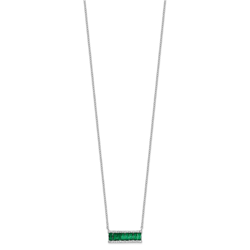 Sterling Silver Cheryl M Rhodium-Plated Emerald-Cut Green Nano Crystal And Brilliant-Cut White Cz Bar 18 Inch Necklace