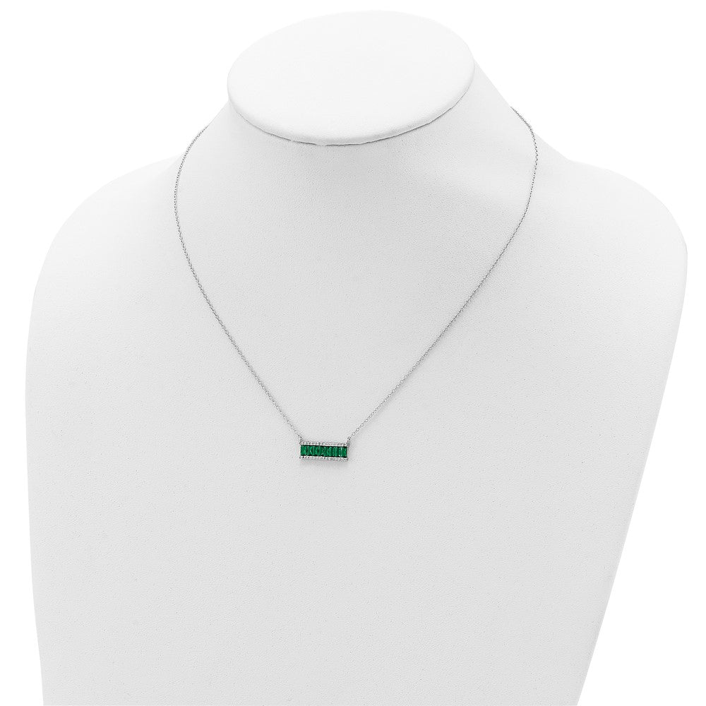 Sterling Silver Cheryl M Rhodium-Plated Emerald-Cut Green Nano Crystal And Brilliant-Cut White Cz Bar 18 Inch Necklace