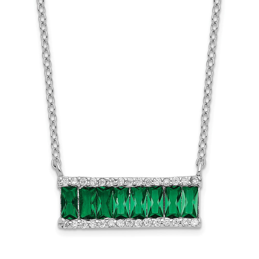 Sterling Silver Cheryl M Rhodium-Plated Emerald-Cut Green Nano Crystal And Brilliant-Cut White Cz Bar 18 Inch Necklace