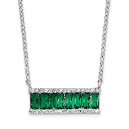 Sterling Silver Cheryl M Rhodium-Plated Emerald-Cut Green Nano Crystal And Brilliant-Cut White Cz Bar 18 Inch Necklace