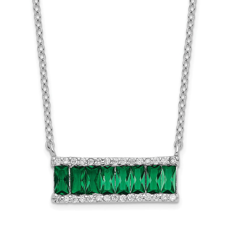 Sterling Silver Cheryl M Rhodium-Plated Emerald-Cut Green Nano Crystal And Brilliant-Cut White Cz Bar 18 Inch Necklace