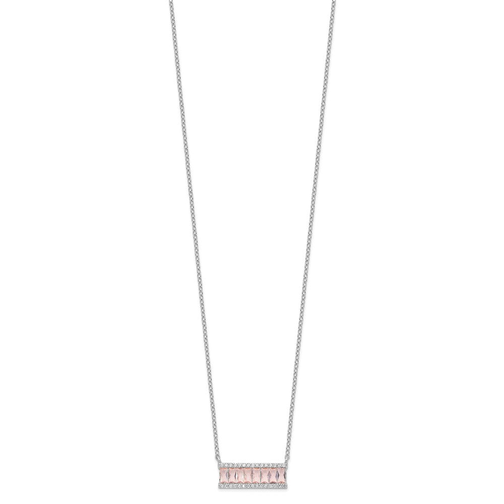 Sterling Silver Cheryl M Rhodium-Plated Emerald-Cut Pink Nano Crystal And White Brilliant-Cut Cz Bar 18 Inch Necklace
