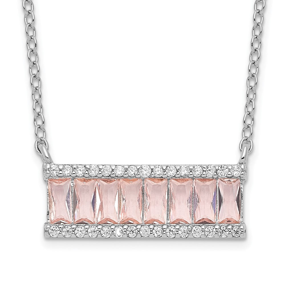 Sterling Silver Cheryl M Rhodium-Plated Emerald-Cut Pink Nano Crystal And White Brilliant-Cut Cz Bar 18 Inch Necklace