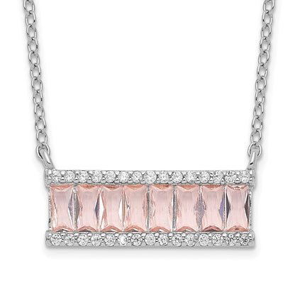 Sterling Silver Cheryl M Rhodium-Plated Emerald-Cut Pink Nano Crystal And White Brilliant-Cut Cz Bar 18 Inch Necklace
