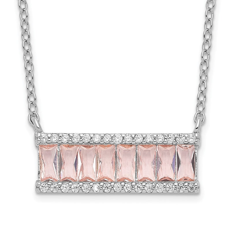 Sterling Silver Cheryl M Rhodium-Plated Emerald-Cut Pink Nano Crystal And White Brilliant-Cut Cz Bar 18 Inch Necklace