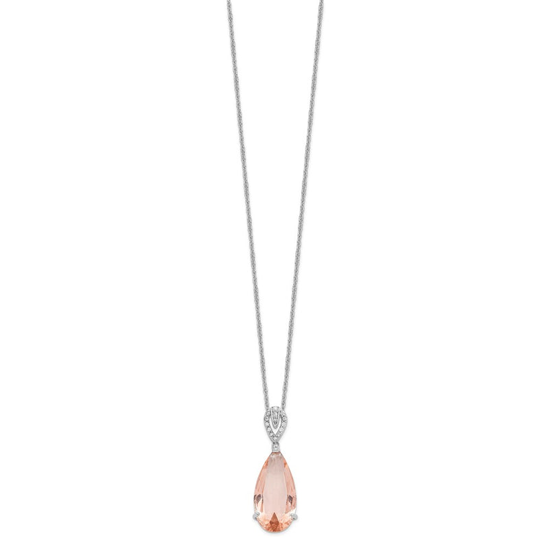 Sterling Silver Cheryl M Rhodium-Plated Brilliant-Cut Simulated Morganite And White Cz Teardrop 18 Inch Necklace