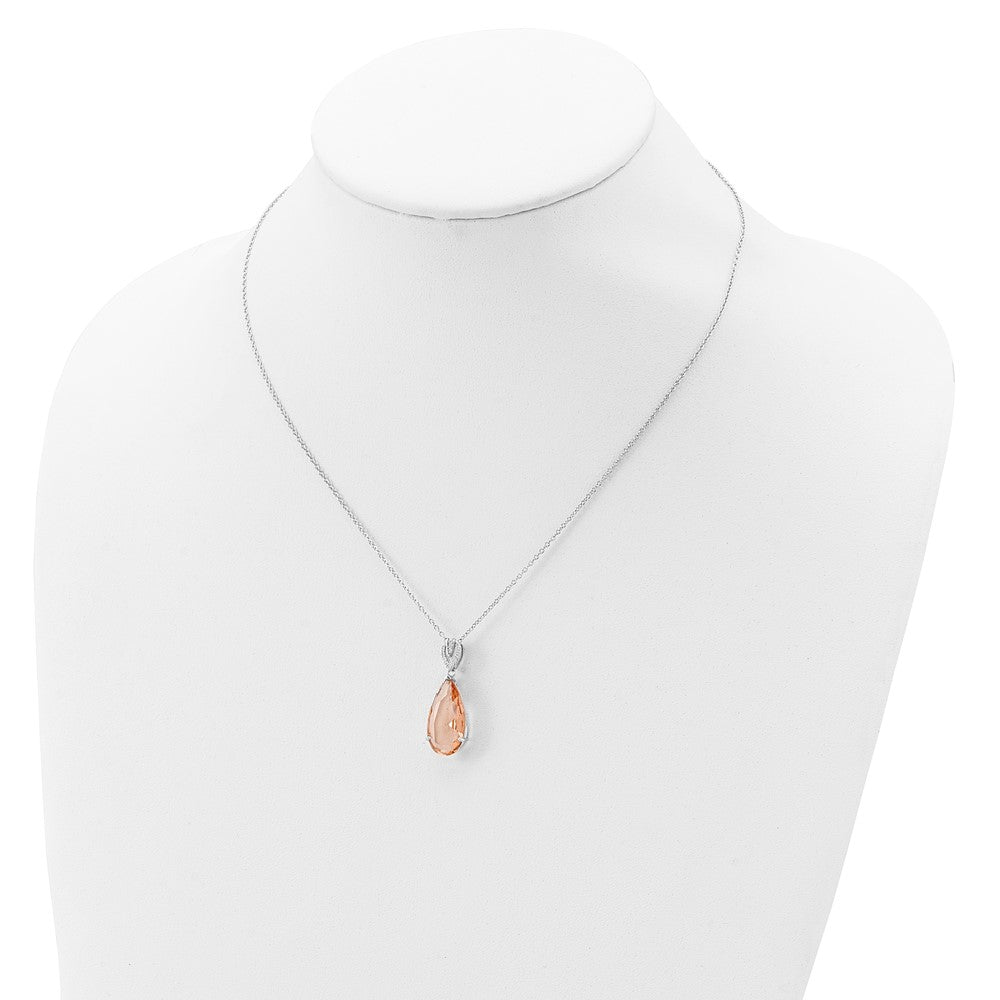 Sterling Silver Cheryl M Rhodium-Plated Brilliant-Cut Simulated Morganite And White Cz Teardrop 18 Inch Necklace