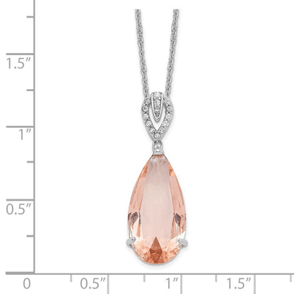 Sterling Silver Cheryl M Rhodium-Plated Brilliant-Cut Simulated Morganite And White Cz Teardrop 18 Inch Necklace
