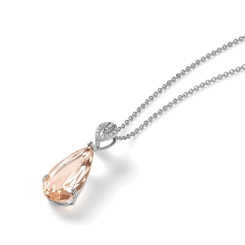 Sterling Silver Cheryl M Rhodium-Plated Brilliant-Cut Simulated Morganite And White Cz Teardrop 18 Inch Necklace