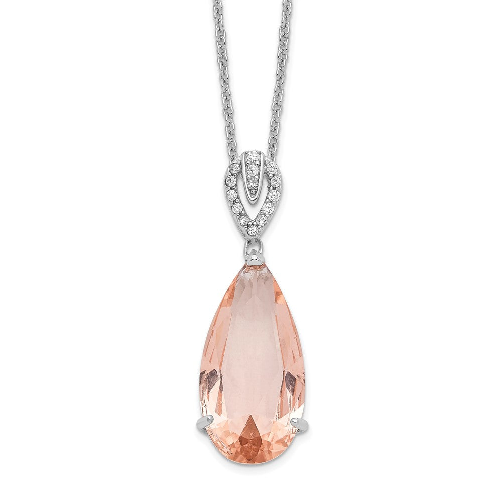 Sterling Silver Cheryl M Rhodium-Plated Brilliant-Cut Simulated Morganite And White Cz Teardrop 18 Inch Necklace