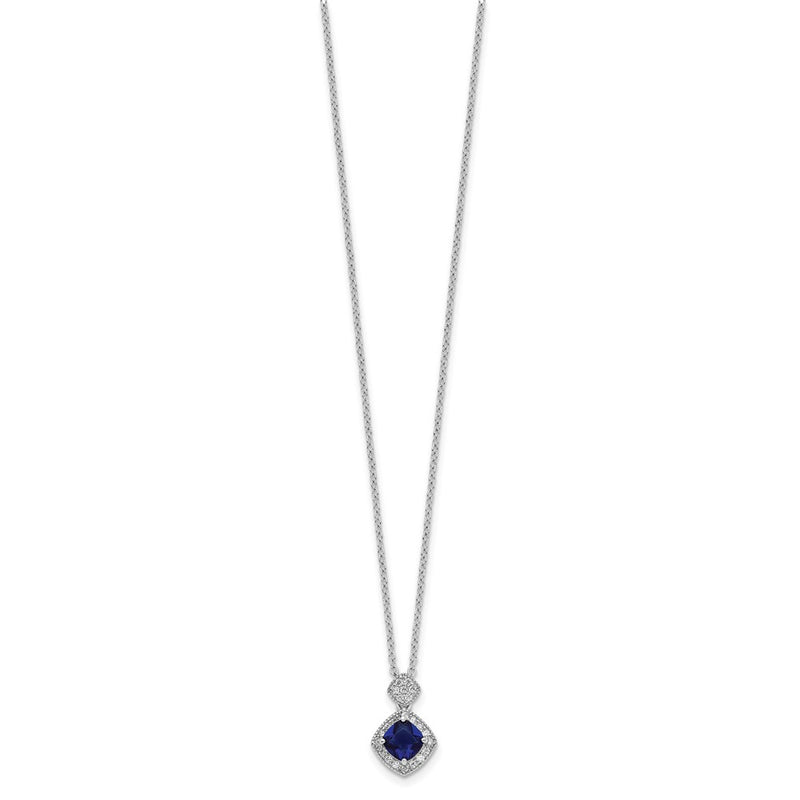 Sterling Silver Cheryl M Rhodium-Plated Cushion-Cut Blue Glass And Brilliant-Cut White Cz 18 Inch Necklace