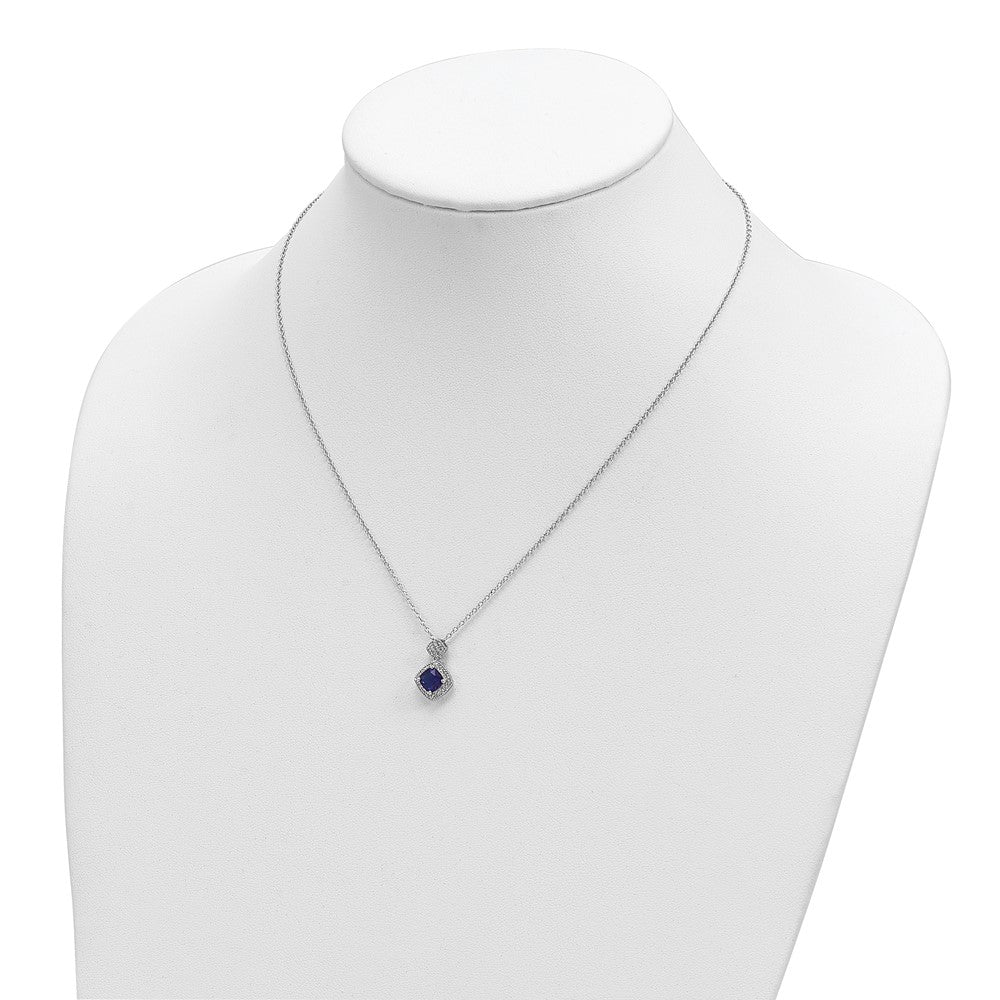 Sterling Silver Cheryl M Rhodium-Plated Cushion-Cut Blue Glass And Brilliant-Cut White Cz 18 Inch Necklace