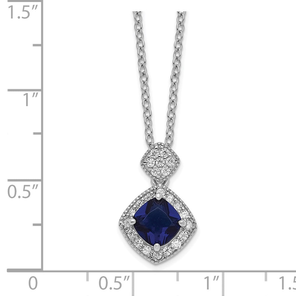 Sterling Silver Cheryl M Rhodium-Plated Cushion-Cut Blue Glass And Brilliant-Cut White Cz 18 Inch Necklace