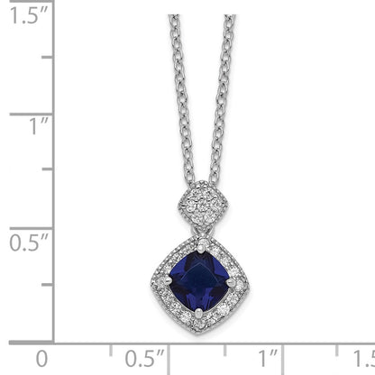 Sterling Silver Cheryl M Rhodium-Plated Cushion-Cut Blue Glass And Brilliant-Cut White Cz 18 Inch Necklace