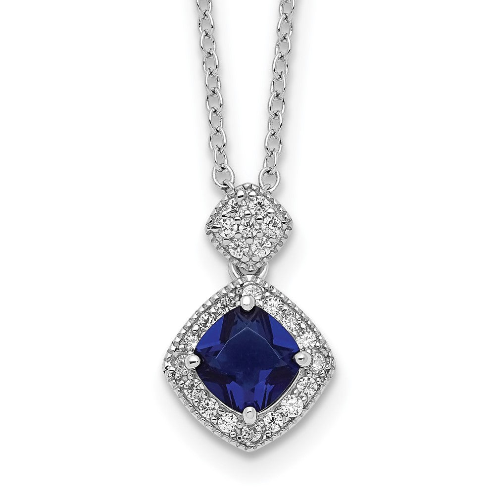 Sterling Silver Cheryl M Rhodium-Plated Cushion-Cut Blue Glass And Brilliant-Cut White Cz 18 Inch Necklace
