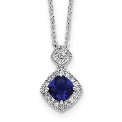 Sterling Silver Cheryl M Rhodium-Plated Cushion-Cut Blue Glass And Brilliant-Cut White Cz 18 Inch Necklace