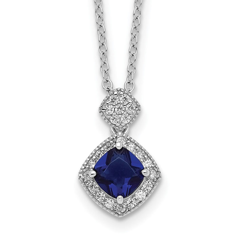 Sterling Silver Cheryl M Rhodium-Plated Cushion-Cut Blue Glass And Brilliant-Cut White Cz 18 Inch Necklace