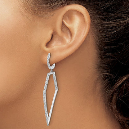Sterling Silver Cheryl M Rhodium-Plated Brilliant-Cut Clear Cz Hinged Hoop With Geometric Dangle Earrings