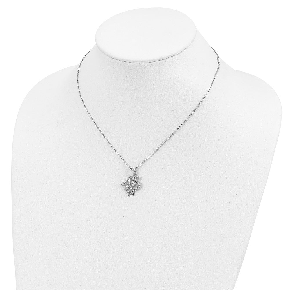 Sterling Silver Cheryl M Rhodium-Plated Brilliant-Cut Cz Turtles 16 Inch Necklace With 2 Extender