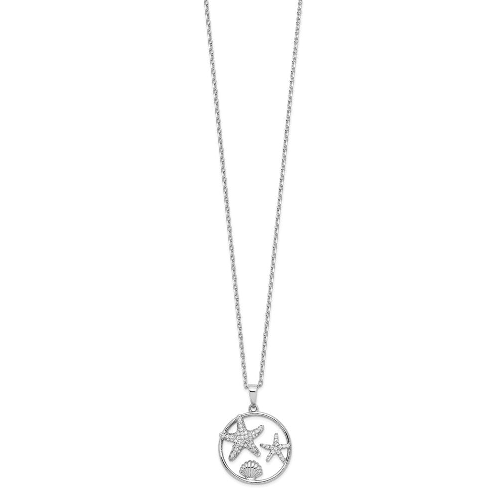 Sterling Silver Cheryl M Rhodium-Plated Brilliant-Cut Cz Sea Life Circle 16 Inch Necklace With 2 Extender