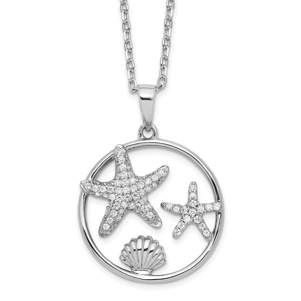 Sterling Silver Cheryl M Rhodium-Plated Brilliant-Cut Cz Sea Life Circle 16 Inch Necklace With 2 Extender