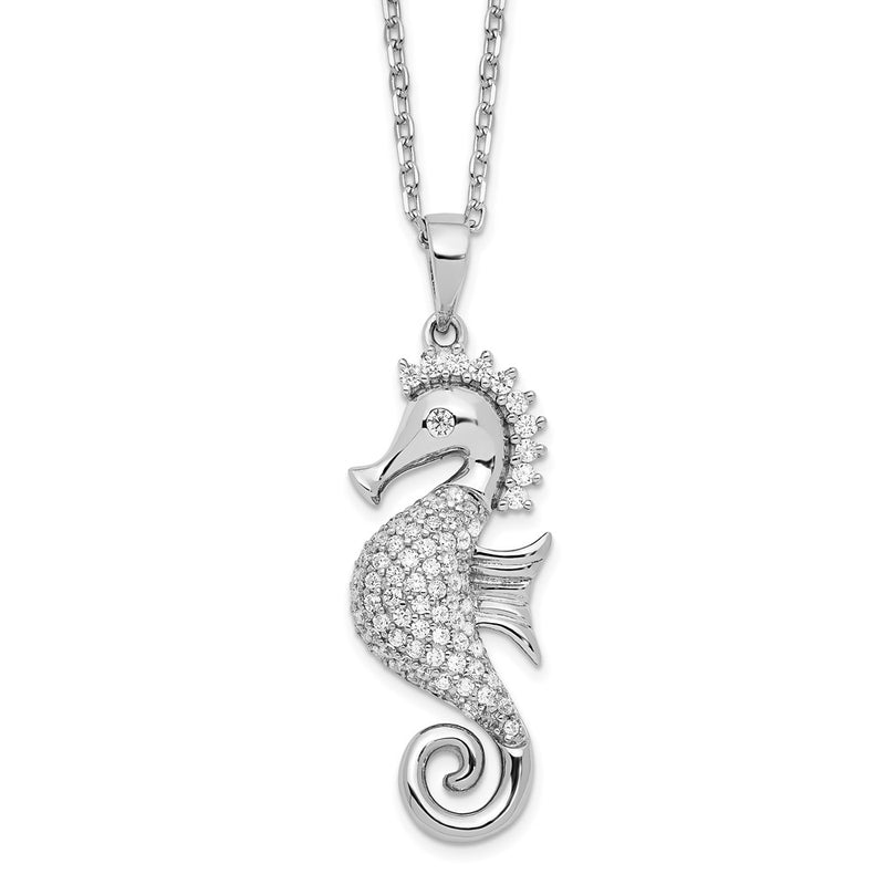Sterling Silver Cheryl M Rhodium-Plated Brilliant-Cut Cz Seahorse 16 Inch Necklace With 2 Extender