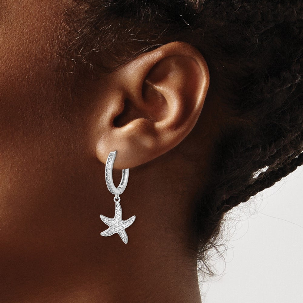 Sterling Silver Cheryl M Rhodium-Plated Brilliant-Cut Cz Starfish Hoop Dangle Earrings