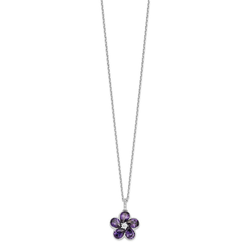 Sterling Silver Cheryl M Rhodium-Plated Purple And White Brilliant-Cut Cz Flower 16 Inch Necklace With 2 Extender