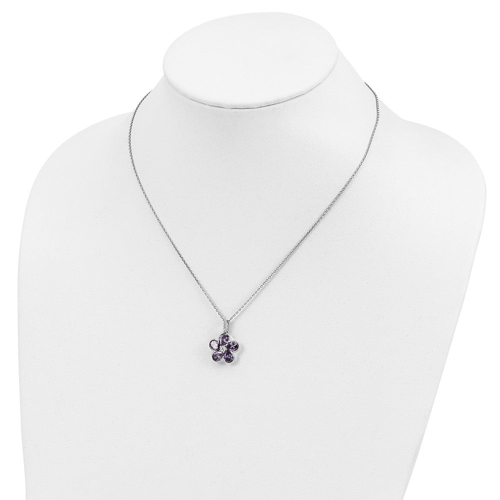 Sterling Silver Cheryl M Rhodium-Plated Purple And White Brilliant-Cut Cz Flower 16 Inch Necklace With 2 Extender